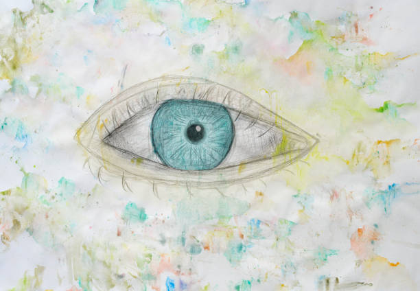 istock Human eye and paint splatters illustration. Scratch board style, hand pencil drawing and watercolor splashes 1789542803