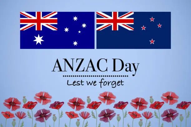 Vector illustration of ANZAC day remembrance background with poppy  Australia New Zealand flag vector illustration