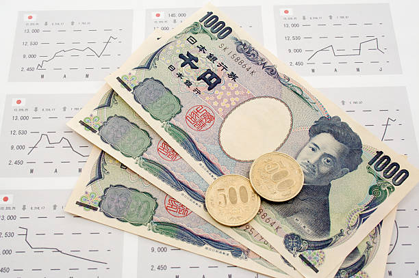 Japanese Currency Japanese yen, banknotes and coins on stock market chart. nikkei index stock pictures, royalty-free photos & images