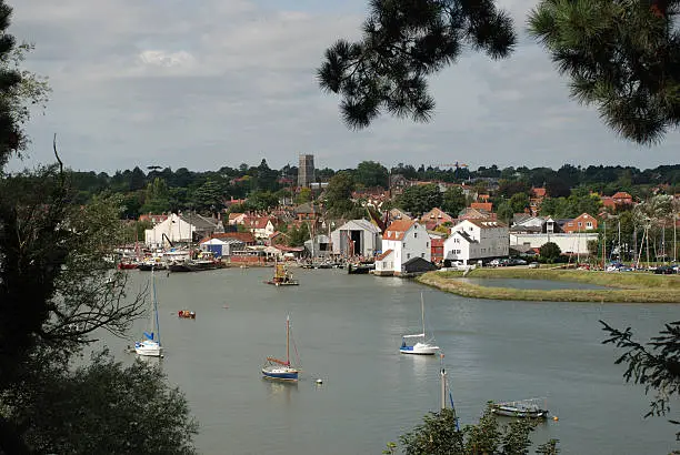 "View of Woodbridge, Suffolk from east bank of Riover Deben."