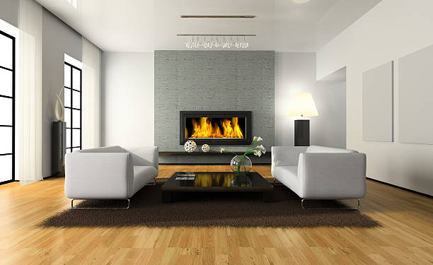 istock Modern living room with sofas, hardwood floor, and fireplace 178954685