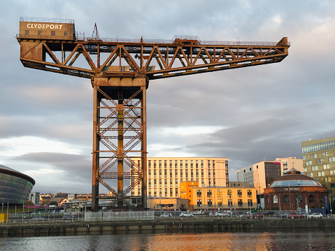 Glasgow, UK, November 3rd 2023, Finnieston crane surrounded by hotels by the River Clyde