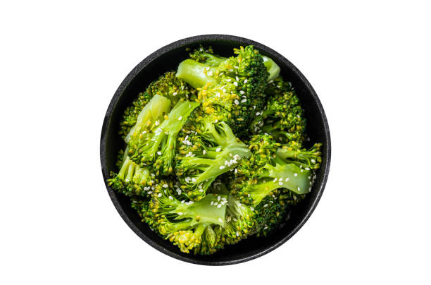 istock Green boiled broccoli cabbage in pan.  Isolated, white background. Top view. 1789547649