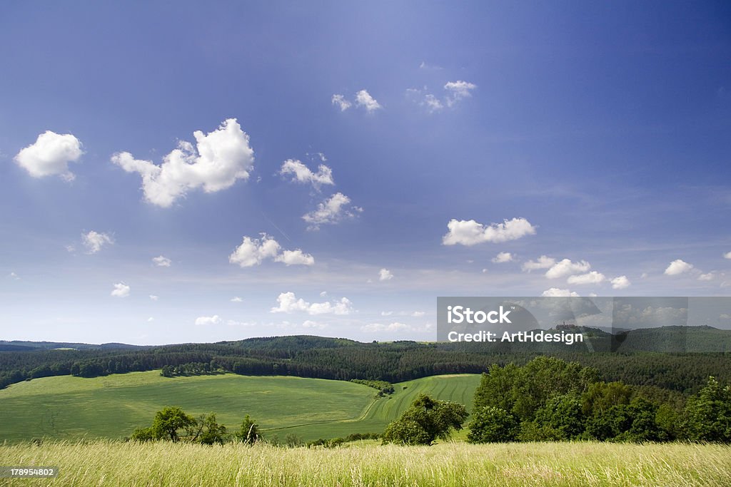 landscape with castle Leuchtenburg at horizon landscape with Cloudscape and castle Leuchtenburg at horizon Agricultural Field Stock Photo