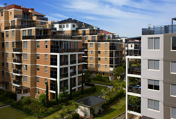 A complex of mid-rise residential apartment buildings stock photo