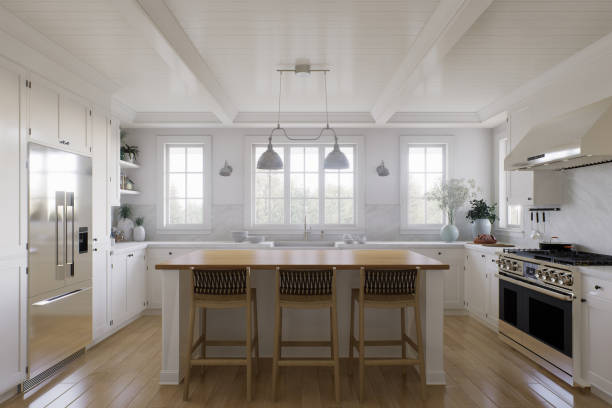 istock White U-shaped kitchen with windows, kitchen appliances and utensils. Stylish, bright kitchen in a traditional style. 3D rendering 1789553651