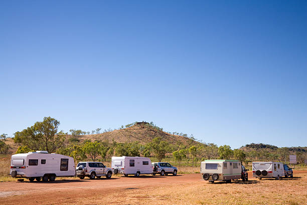 Caravans in Outback Australia Group of touring trailer caravans at a roadside rest area in outback Western Australia. More Australia kimberley plain stock pictures, royalty-free photos & images
