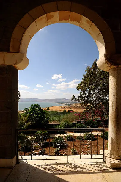 a view at the sea of galilee from the Roman Catholic chapel porch at Mount of Beatitudes