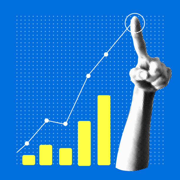 Data analytics concept with chart and hand Data analytics concept. Halftone hand draws sales graph. Modern collage design. Pop art. Growth сhart. Successful business performance. Financial success. Business data graph. Achieving high result contemporary-art stock illustrations