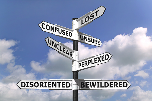 Concept image of words associated with being Lost and Confused on a  signpost against a blue cloudy sky.