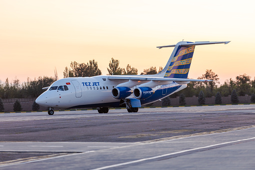 Bishkek, Kyrgyzstan - September 26, 2023: TezJet Air Company EX-27005 plane at the Manas International Airport