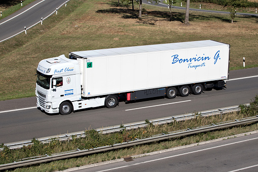 Engelskirchen, Germany - September 21, 2019: Bonricin DAF truck with temperature controlled trailer on motorway