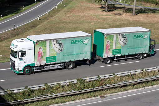 Engelskirchen, Germany - September 21, 2019: Evers DAF XF combination truck on motorway