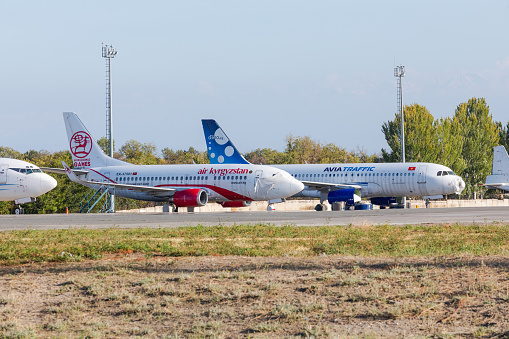 Bishkek, Kyrgyzstan - September 26, 2023: Airplanes at the Manas International Airport