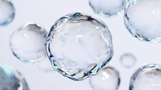 essential Oil Bubbles for cosmetics in water. blue liquid bubbles, fluid flow. Collagen, atoms floating, Moisturizing Cream, Skin Serum, Vitamin, beauty concept, 3d render