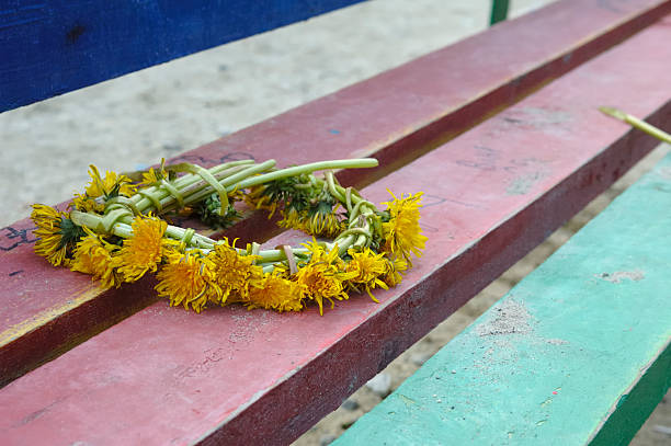 A wreath made of yellow dandelions on a white  background with black drops of different sizes.