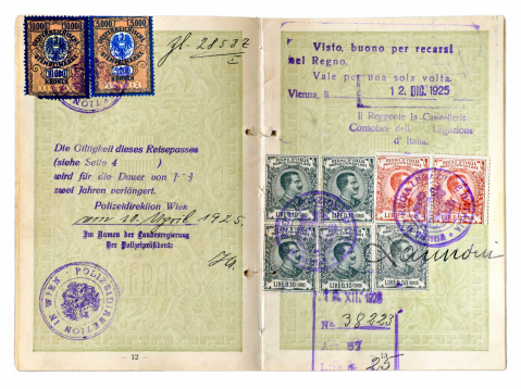 Old multi-stamped European passport dated 1925.