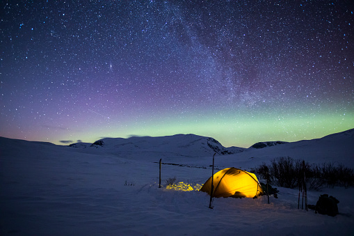 Ski expedition and northern lights in Dovrefjell National Park, south Norway.