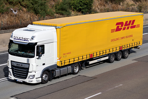 Frankfurt am Main, Germany - September 22, 2018: DHL truck on motorway