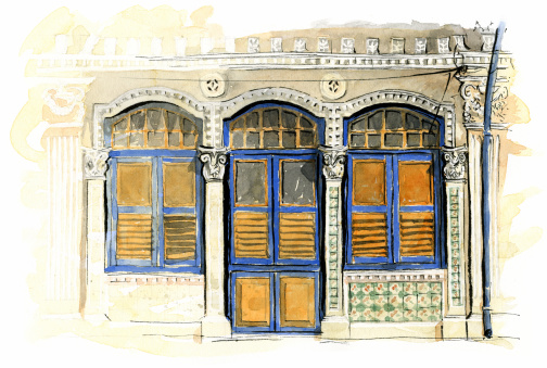 Watercolor illustration of a Malaysian building.