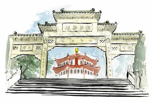 Watercolor illustration of a temple in the suburbs of Hong Kong.