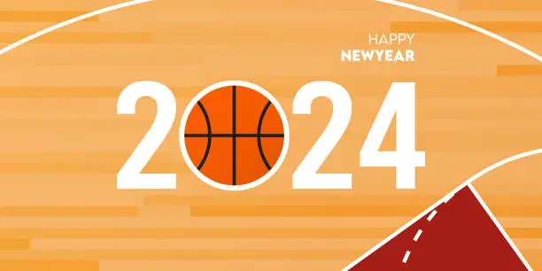 Vector illustration of Creative 2024 happy new year celebration greeting card and social media post or banner design template in basketball or sport concept.