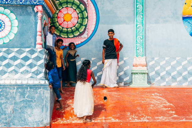 trincomalee is a fishing town located at east side coast of sri lanka trincomalee, sri lanka. 14th august, 2023: hindu childrens are posing outside a hindu temple in trincomalee tamil temple stock pictures, royalty-free photos & images