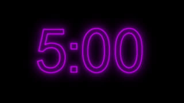 5 minute countdown. Timer with neon numerals.