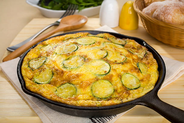 Vegetable Frittata with Zucchini and Cheese Vegetable frittata or omelette in a cast iron skillet with courgettes, cheddar and mozzarella. A frittata is an Italian egg dish which is partially cooked on the stove top, then finished under the grill.More international food:- here. frittata stock pictures, royalty-free photos & images
