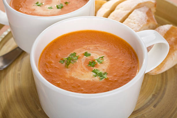 istock Tomato Soup Two Mugs Cups Tray 178966075