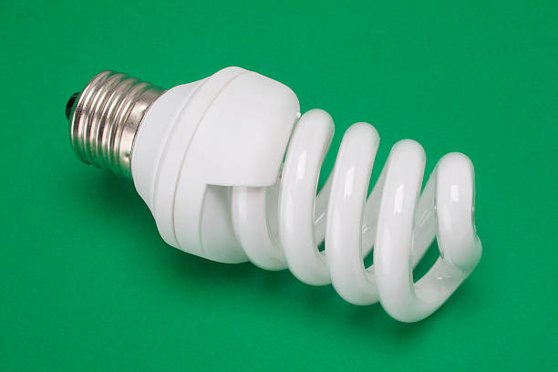 Environmentally friendly lightbulb or lamp on green background stock photo