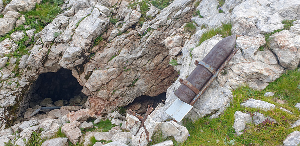 Iron Remains of World War I near an Alpine Trail under Mount Krn in Slovenia, grenade, Memorial Alpine Trail - Batognica, Huge Battles between Italians and Austro-Hungarians