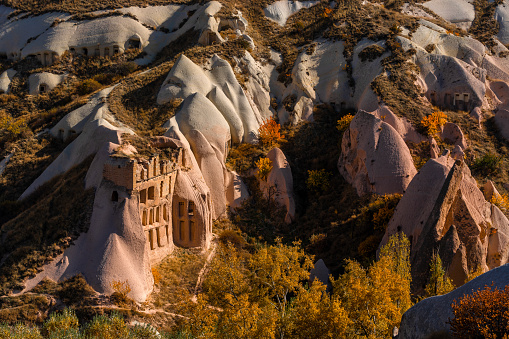 Rock Formation and City in Cappadocia. Pigeon Valley.