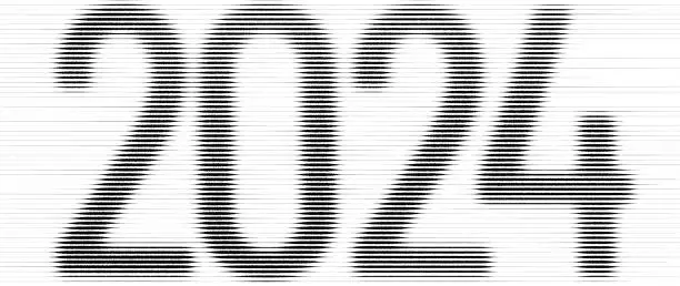 Vector illustration of Numbers of the year 2024 in retro plotter style, vector halftone style 2024, gradient banner background texture Colorful digital grain soft noise effect Nostalgia, vintage, retro style of eighties