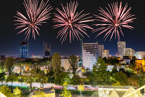 Tirana skyline with firework display