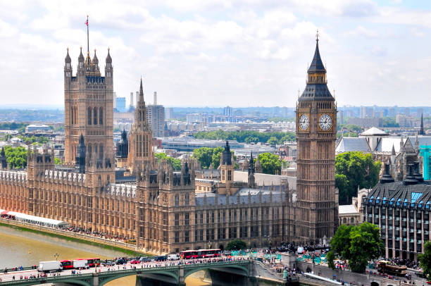 Big Ben and the Houses of Parliament in London Aerial view of Big Ben and the Houses of Parliament in London along the Thames River central london skyline stock pictures, royalty-free photos & images