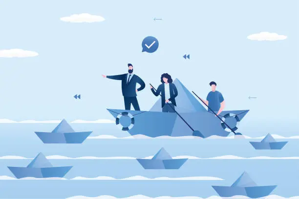 Vector illustration of Be different or innovative to win business competition, competitive advantage. Paper boats competition. Leadership or skill to achieve success concept. Innovative leader, business vision.