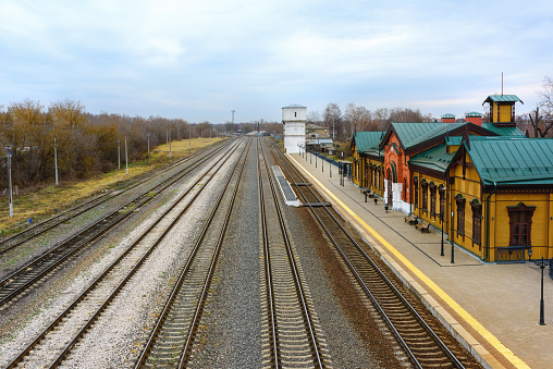 SHUYA, RUSSIA- November 5, 2023: Railway station in the city of ShuyaTop view of the railway tracks near the station. The railway station of the city of Shui in retro style.