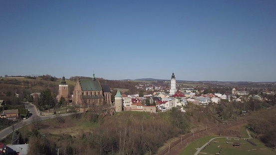 Panorama of the ancient Polish city of Bech. Aerial photograph taken from a bird's flight shot by a quadrocopter or drone. Tourist place of medieval Carpathians architecture.
