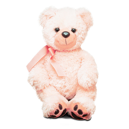 A pink lonely teddy bear sits and looks forward. White background.