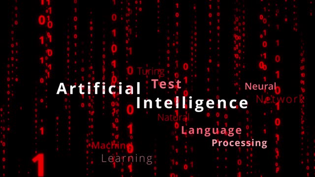 Red dangers of Artificial Intelligence tag cloud and word cloud with artificial intelligence terms like neural networks, conversational, ethical or human friendly algorithms contrast threats
