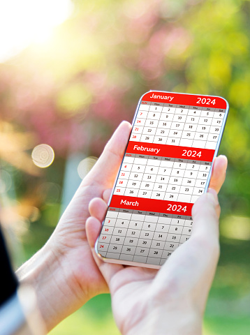 Woman holding mobile phone and planning her day with calendar