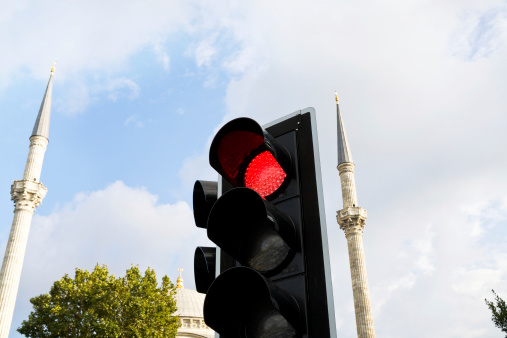 red light and minarets in Istanbul, Turkey