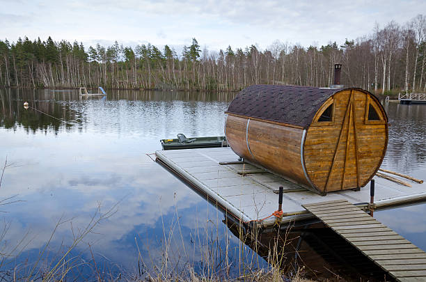 The sauna cabin is ready by the frozen lake in northern Europe