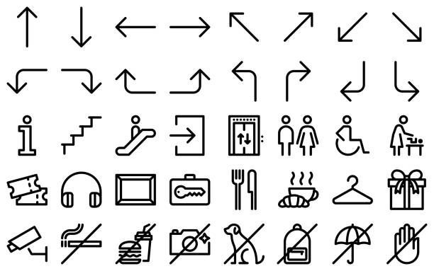 ilustrações de stock, clip art, desenhos animados e ícones de museum wayfinding line icon set. vector graphics - locker room flash