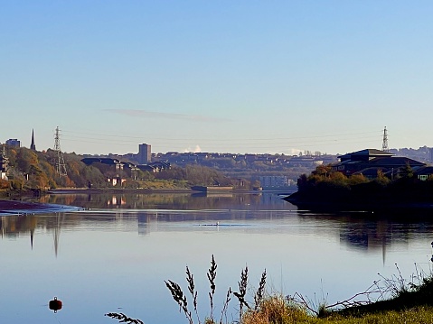 Looking up the River Tyne at Scotswood Bridge on a cold sunny autumn morning