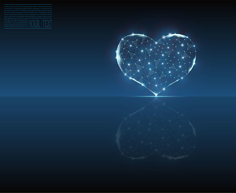 Heart, vector icon. eart and line pulse digital technology with mirror reflection. ealthcare and medical hologram low poly wireframe. Hospital and treatment blue dark background.