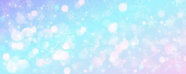 Vector illustration of Cold blue pastel winter sky. Christmas snowy background. Vector ice blizzard on gradient texture with bokeh and flakes. Festive new year theme for season sale wallpaper.