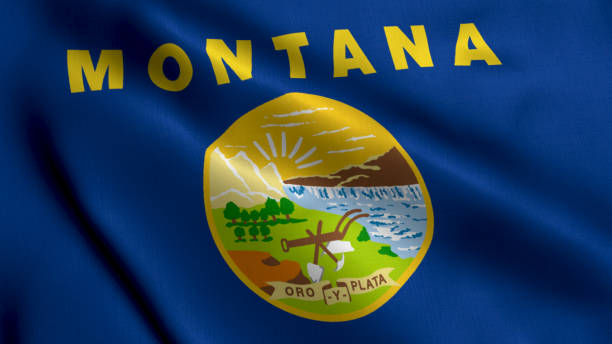 bandeira do estado de montana. tecido ondulante textura acetinada bandeira nacional de montana ilustração 3d. bandeira de textura real do estado de montana nos estados unidos da américa. eua. bandeira alta detalhada - montana flag us state flag banner - fotografias e filmes do acervo