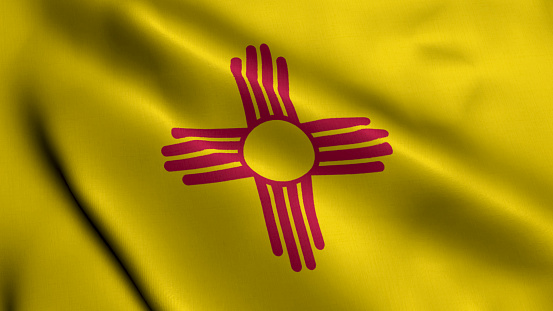 New Mexico State Flag. Waving Fabric Satin Texture National Flag of New Mexico 3D Illustration. Real Texture Flag of the State of New Mexico in the United States of America. USA. High Detailed Flag